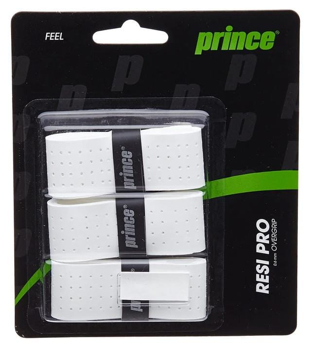 The Prince Resi Pro Tennis Overgrip - White - 3 Pack is a product from Prince that offers excellent feel and moisture absorption. It comes in a sleek black and green package with branding, featuring white grips with perforations for enhanced grip and comfort.