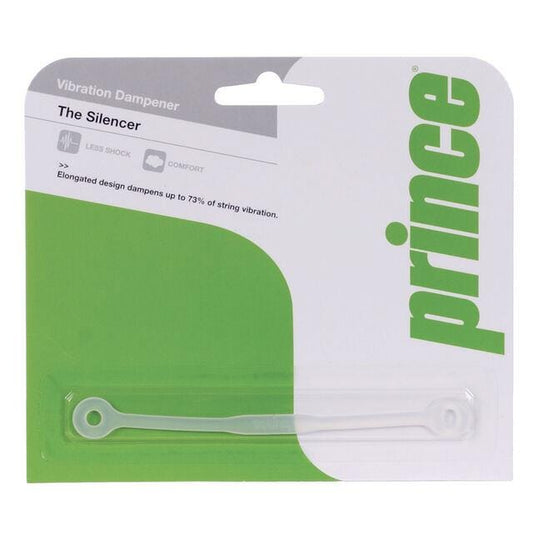 The packaging for the Prince Premier Silencer Vibration Dampener - Clear by Prince features an elongated design that effectively reduces string vibration by up to 73%. Set against a green and white backdrop, this vibration dampener is crucial for achieving optimal performance.