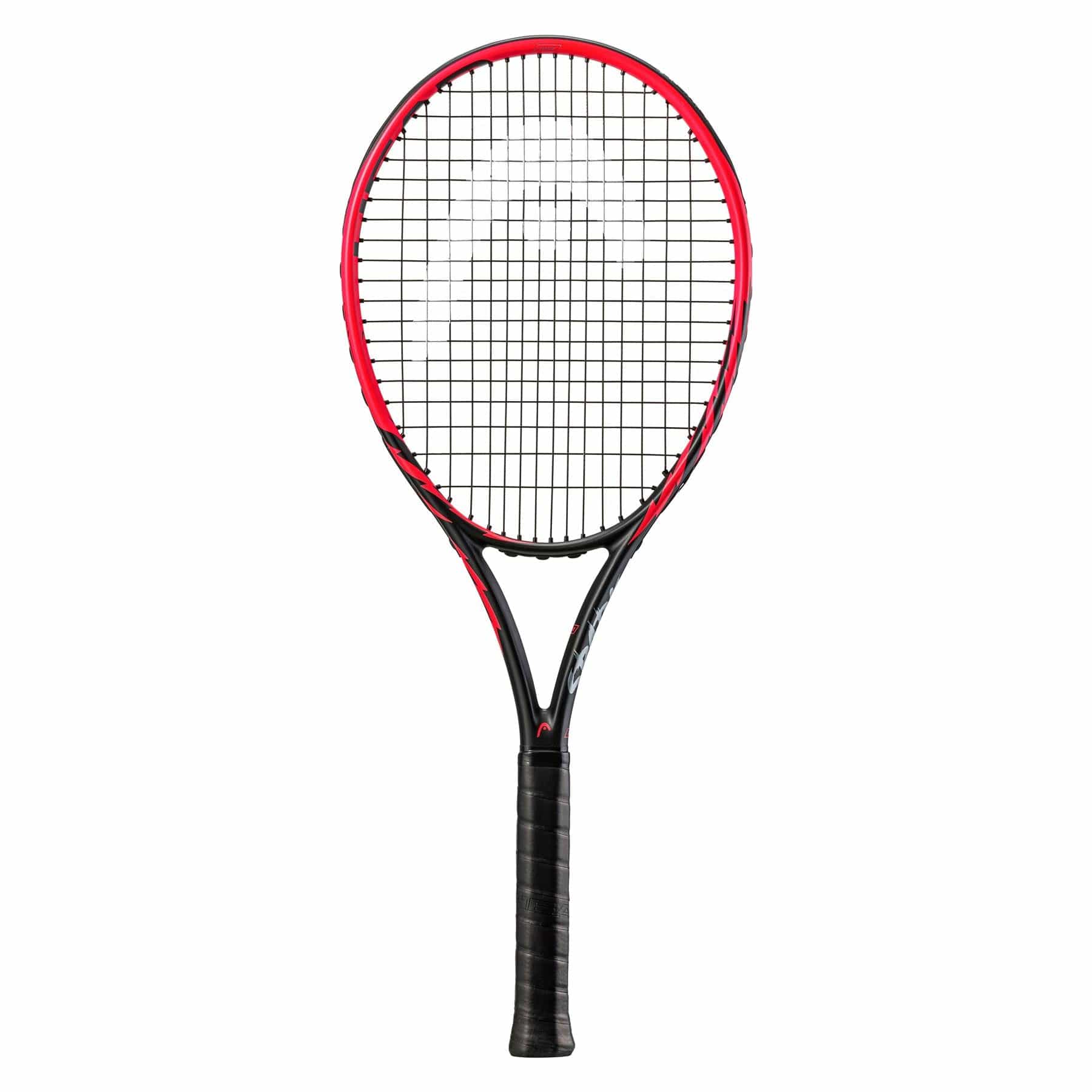 The HEAD MX Spark Tour Tennis Racket - Red, designed in an eye-catching red and black with a grid-patterned string face, is displayed against a white background. The handle is wrapped in black grip tape and incorporates ARCORE Technology for added stability along with METALLIX™ for superior durability.