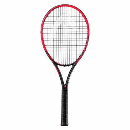 The HEAD MX Spark Tour Tennis Racket - Red, designed in an eye-catching red and black with a grid-patterned string face, is displayed against a white background. The handle is wrapped in black grip tape and incorporates ARCORE Technology for added stability along with METALLIX™ for superior durability.