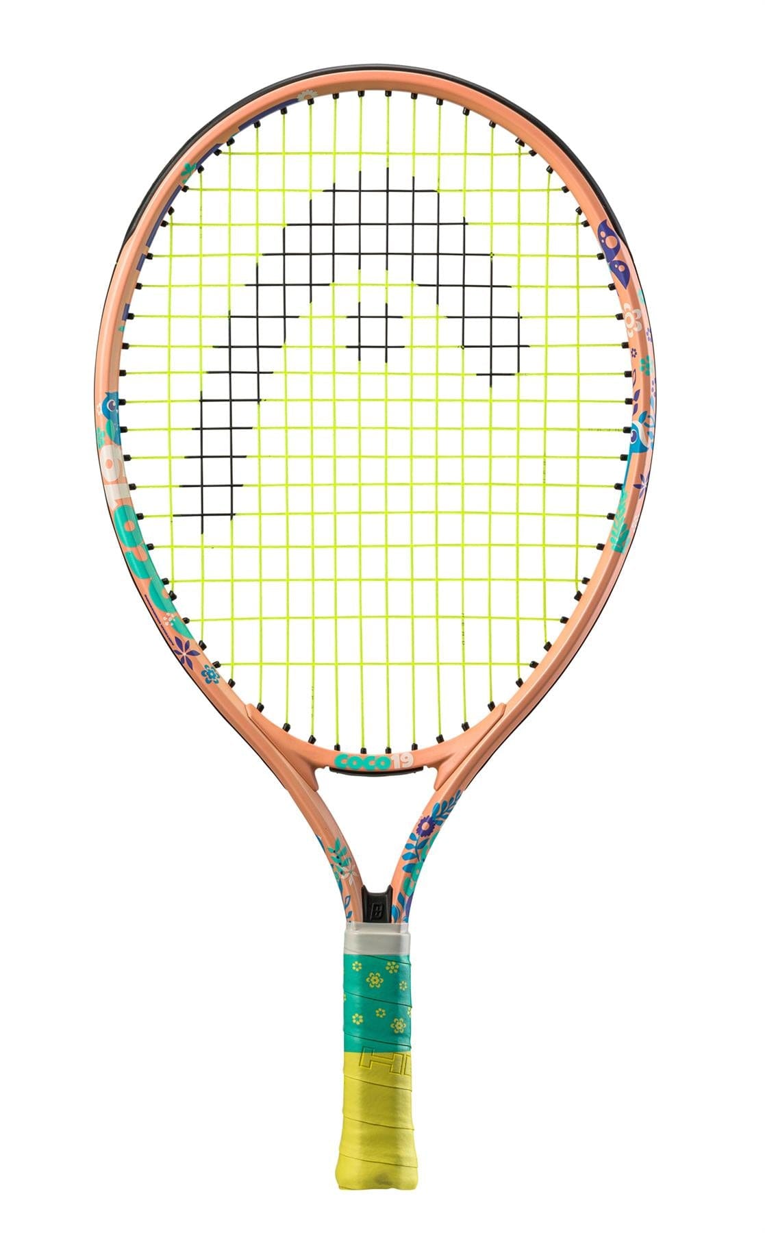 The HEAD Coco 19 Junior Tennis Racket - Pink features a beige frame decorated with vibrant patterns. Its neon yellow grip and string bed, highlighted by black details, deliver style and precision inspired by Coco Gauff. Equipped with a Damp+ insert for optimal performance, it's ideal for young players.