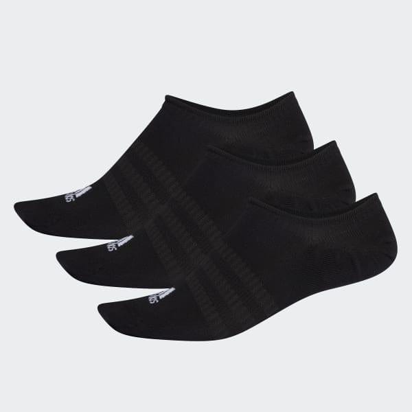 The adidas Cushion No Show 3PP Socks in black, known for their cushioned comfort, are displayed side by side on a plain white background. Each of the three pairs of low-cut socks showcases a small white adidas logo near the toe area.