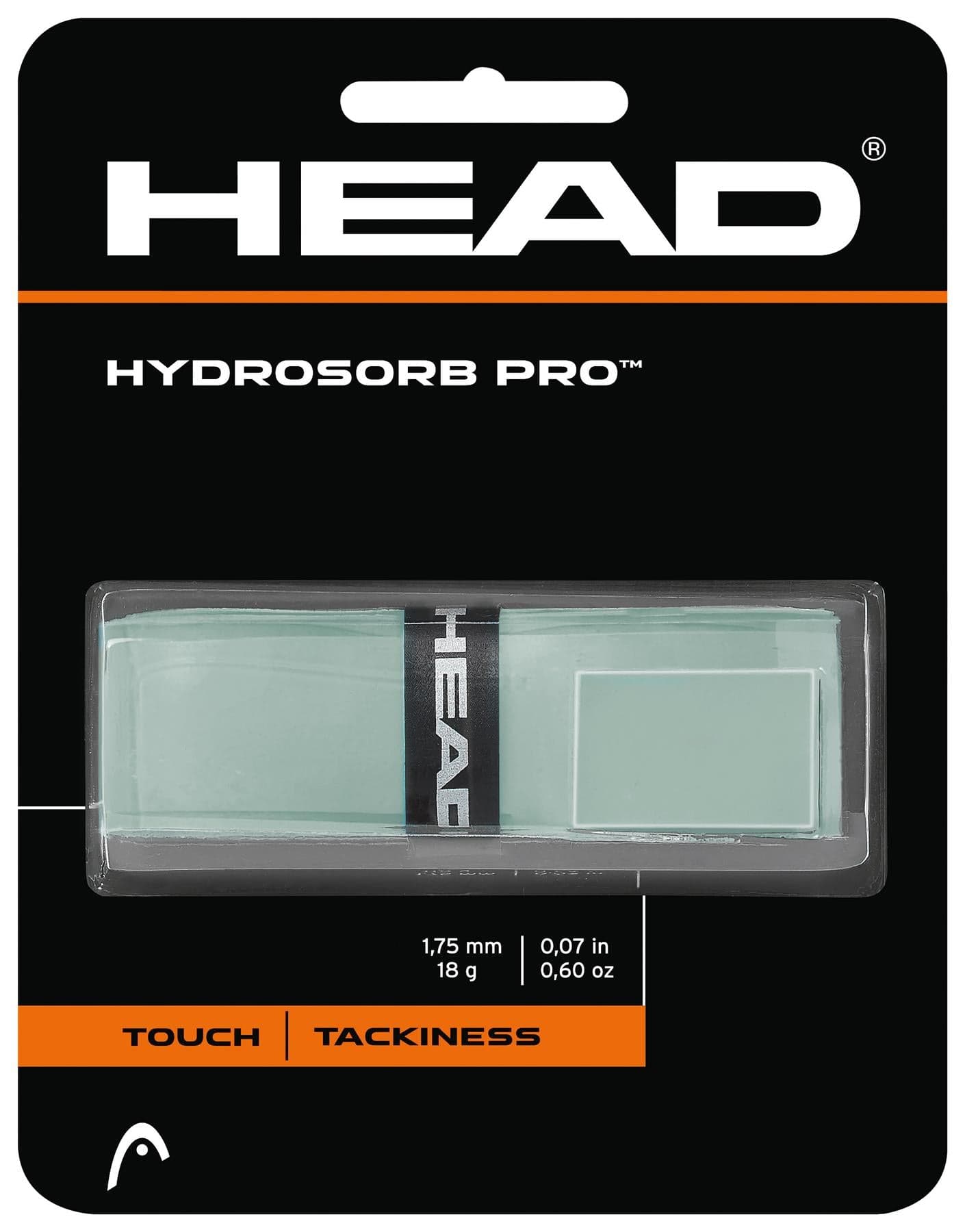 The packaging of the HEAD HydroSorb Pro Replacement Tennis Grip - Grey displays a light grey grip inside a clear case. It emphasizes its high-tack elastomer for exceptional touch and tackiness, with measurements provided in grams, ounces, and millimeters.