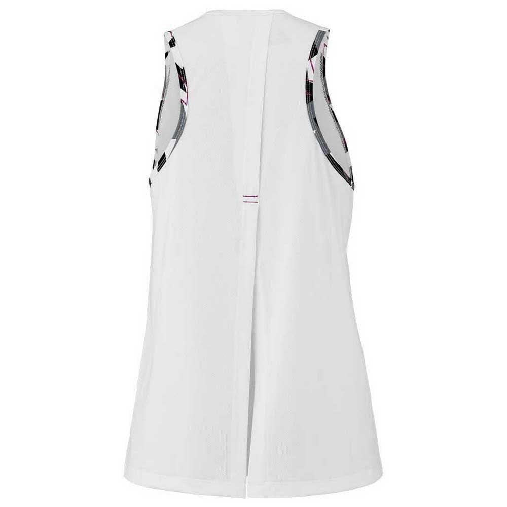 The back view of the Babolat Aero Women's Tennis Tank Top - White showcases black and red trim on the armholes. This sleeveless design from Babolat is crafted from breathable Fiber Dry-polyester, making it lightweight and ideal for sports or exercise.