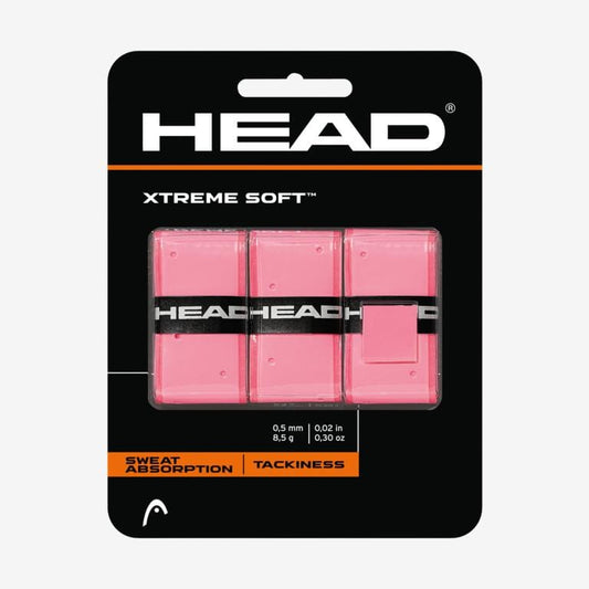 The HEAD Xtreme Soft Tennis Overgrip (3 Pack) in pink, by HEAD, features three grip rolls. With a thickness of 0.5 mm, it provides excellent sweat absorption and enhanced tackiness to boost your on-court performance.