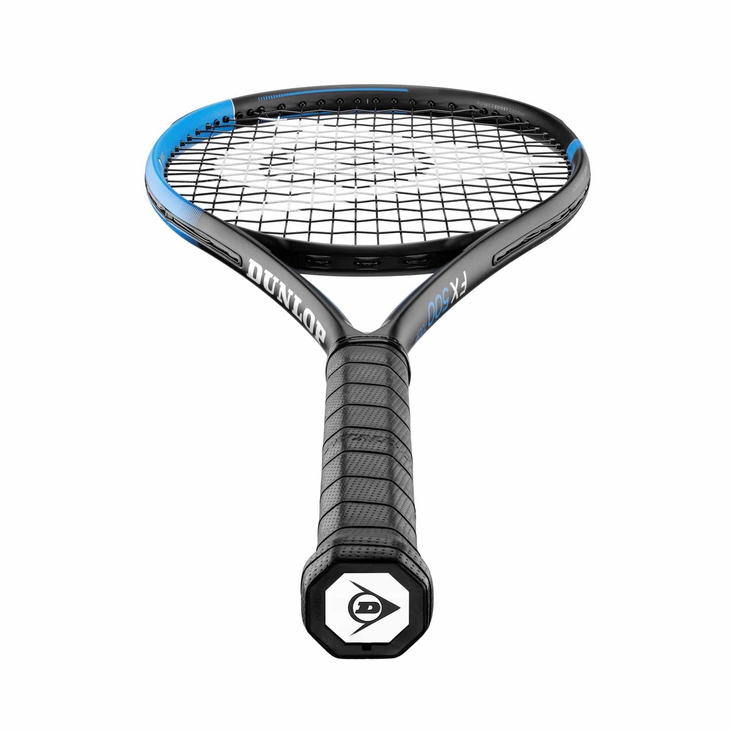 Presenting the Dunlop FX 500 Tour Tennis Racket in a stylish black and blue design. This racket’s textured grip highlights the powerful Sonic Core technology, while its elliptical head features tightly woven strings that prominently display the Dunlop logo. The frame is further embellished with "Dunlop" and "FX 500" lettering for an added touch of sophistication.