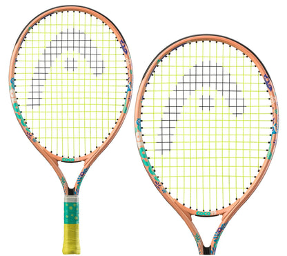 Displayed side by side on a white background, the HEAD Coco 19 Junior Tennis Rackets feature a pink frame and neon green strings. With grips patterned in turquoise and yellow accents, these vibrant rackets also include a Damp+ insert for improved comfort.