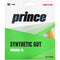 The packaging of the Prince Synthetic Gut Original Gold String Set by Prince prominently displays "16 GAUGE 1.30 MM" at the top, highlights "POWER & SPIN" in the corner for enhanced performance, and labels it as "ORIGINAL 16" at the bottom. It features a predominantly white and green design with a hint of the yellow string visible inside.