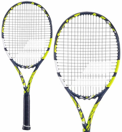 Two Babolat Boost Aero Tennis Rackets in grey and yellow, featuring a graphite composition with tightly woven strings and a black grip, are displayed side by side on a white background. These lightweight and sleek rackets showcase the high-quality design of the Babolat brand.