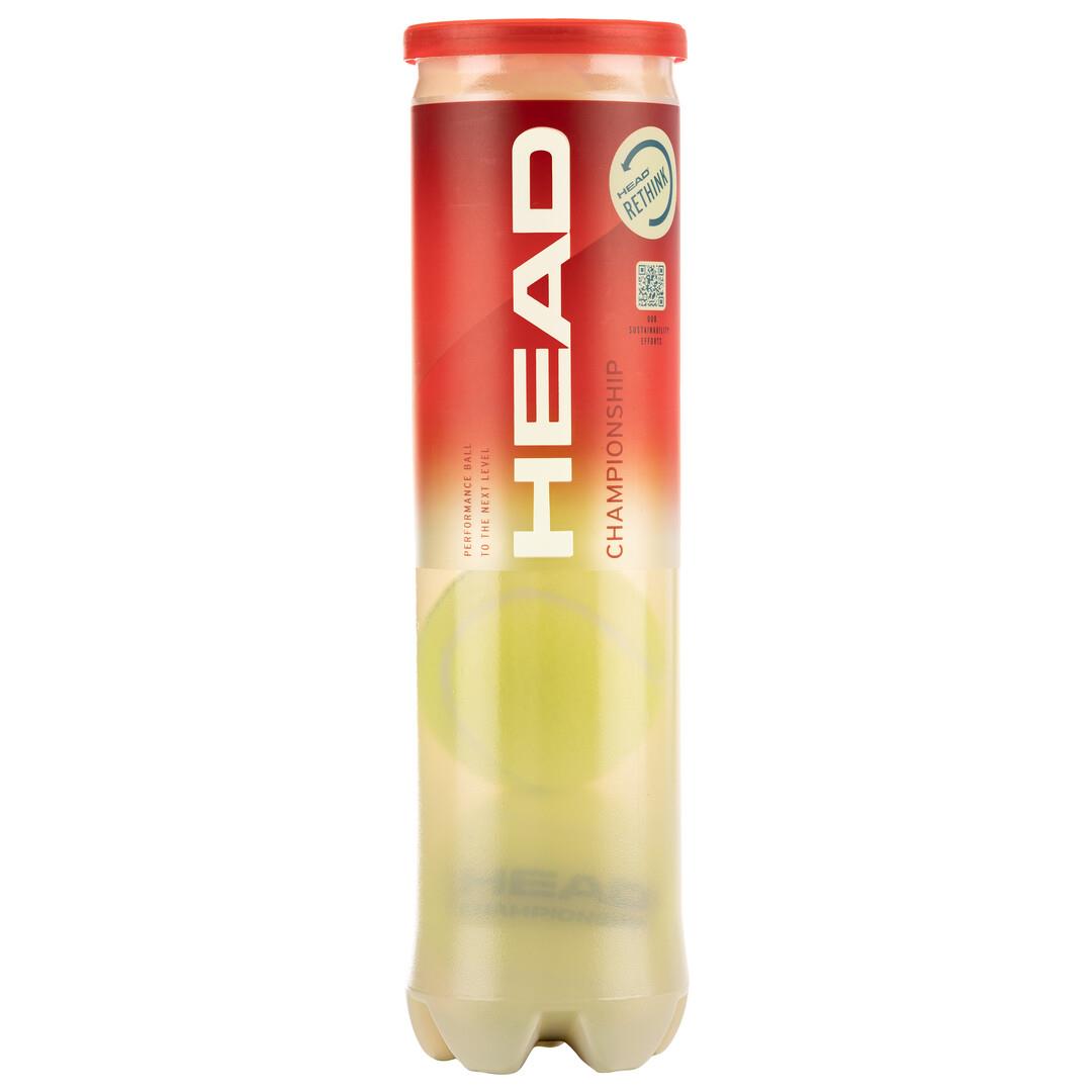 The HEAD Championship Tennis Balls - 4 Ball Can, ideal for club players, features a red and transparent cylindrical design that showcases a tennis ball inside. The packaging displays the HEAD branding and a premium quality label, emphasizing the exceptional durability of these top-tier tennis essentials.