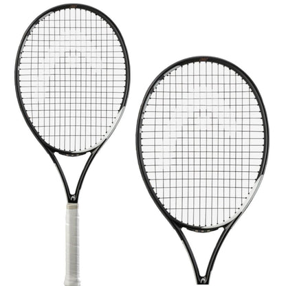 Two HEAD IG Speed Junior 26 tennis rackets, showcasing a sleek black and white design with graphite composite construction and topped off with pristine white grips, are positioned side by side on a spotless white background.