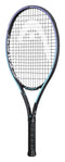 The HEAD Gravity Junior 2021 25 Tennis Racket in black features a sleek frame with a blue and black color scheme. It includes a tightly woven string pattern and is wrapped in durable black material. Enhanced by Graphene 360+ technology, this racket is perfect for players prioritizing performance and modern design.