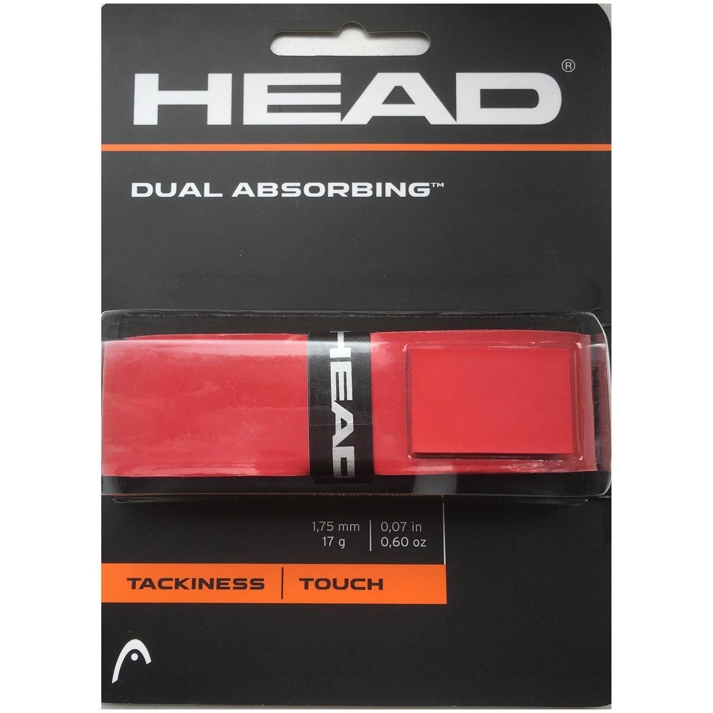 Introducing the HEAD Dual Absorbing Replacement Tennis Grip in red, designed for a tacky grip and excellent absorption. The packaging emphasizes features such as tackiness, touch, dimensions, and weight, with the HEAD logo clearly showcased on both the packaging and the replacement grip.