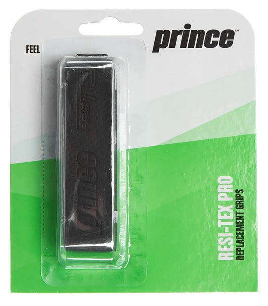 The Prince ResiTex Pro Replacement Tennis Grip - Black provides exceptional comfort and moisture absorption. The packaging displays a green and white background with the well-known Prince logo in the top right corner.