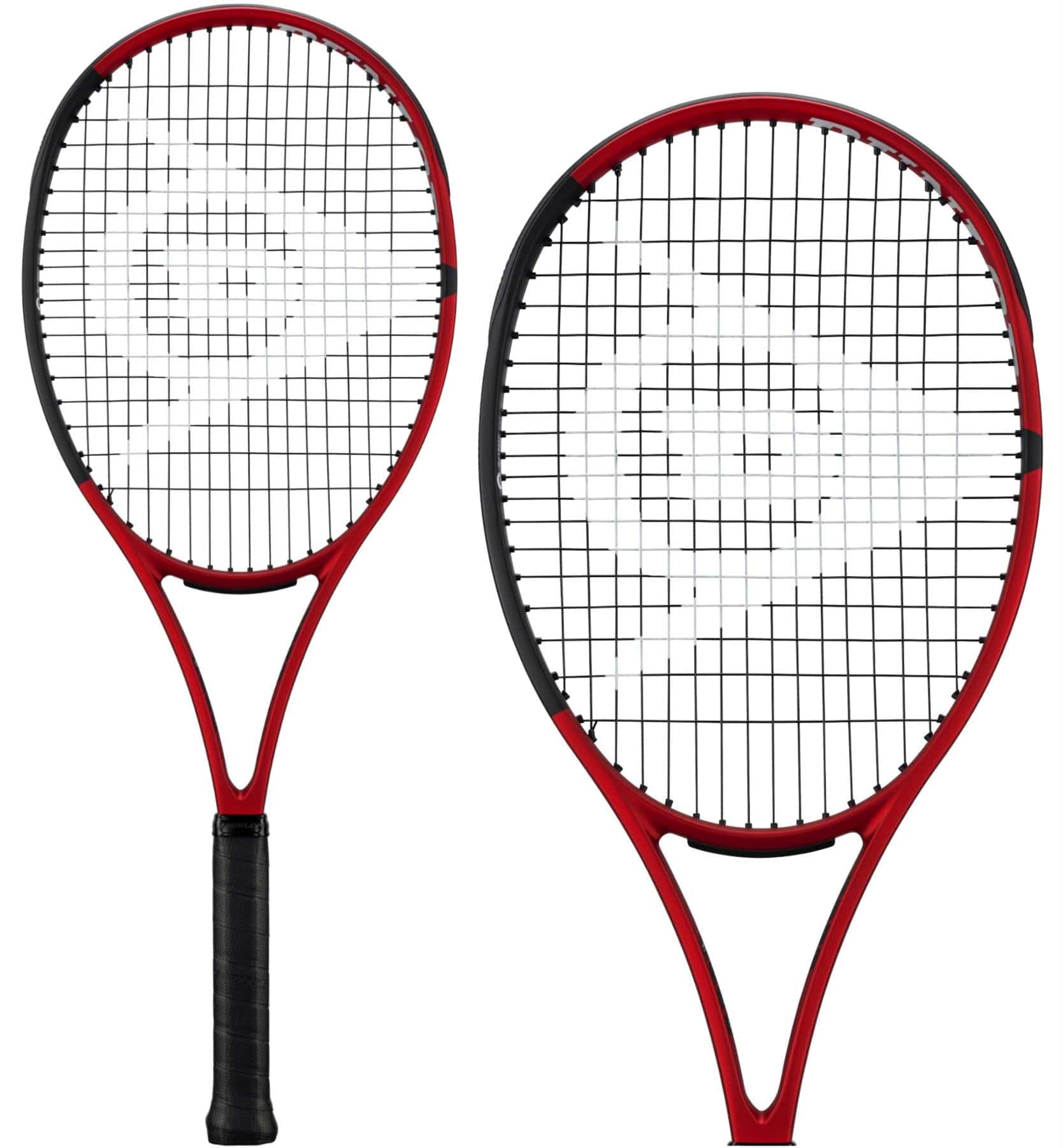 Two Dunlop CX 200 Tennis Rackets in red and black are displayed, designed for power and spin. One stands upright with the handle visible, while the other is angled to highlight its string area. This precision-crafted design from Dunlop enhances your game with every swing.