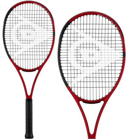 Two Dunlop CX 200 Tennis Rackets in red and black are displayed, designed for power and spin. One stands upright with the handle visible, while the other is angled to highlight its string area. This precision-crafted design from Dunlop enhances your game with every swing.