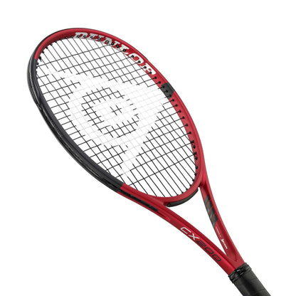 The Dunlop CX 200 Tennis Racket in red and black, featuring a tight string pattern, promises enhanced power and spin. The bold Dunlop logo adorns the strings, with "CX 200" and other details displayed on the frame against a plain white background.