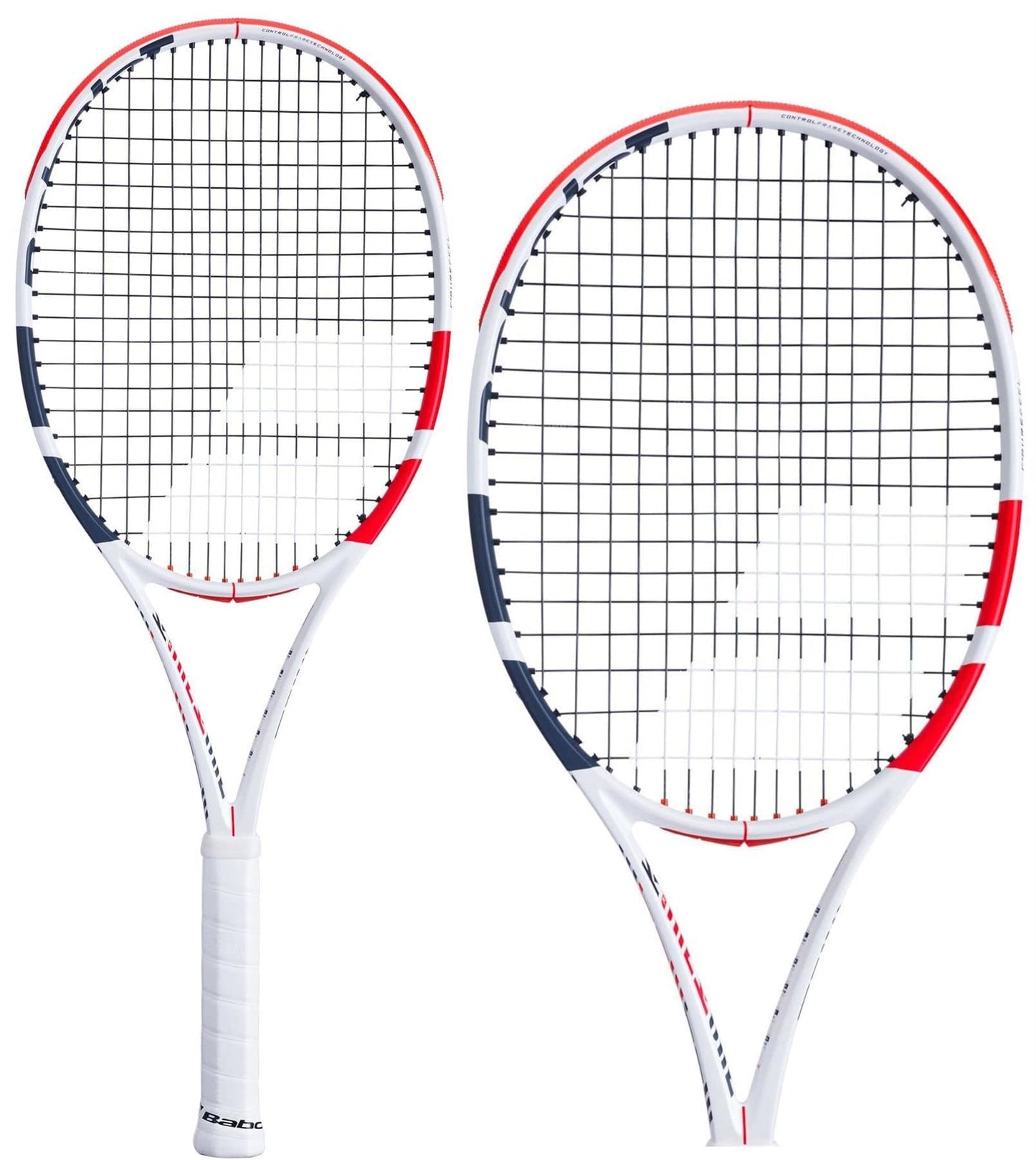 Two Babolat Pure Strike 103 tennis rackets in white with red and black accents, featuring strung heads and white grips, are positioned side by side against a white background. These rackets incorporate Control Frame Technology for optimal precision and stability on the court.