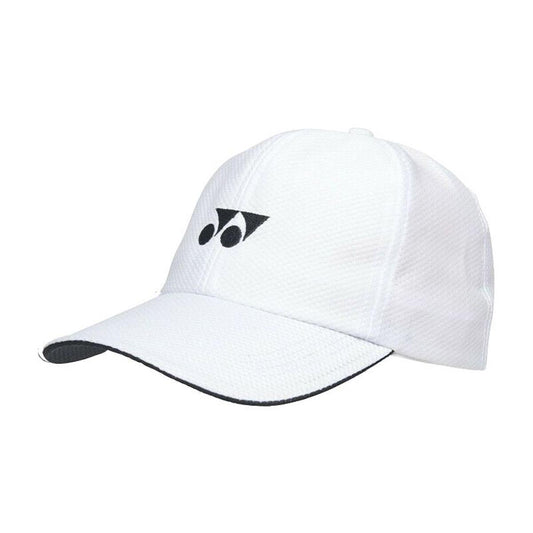 The Yonex W341 Tennis Cap - White by Yonex is a stylish baseball cap featuring a black logo on the front and a textured fabric that offers a sporty design. It includes a curved brim with a contrasting black underside and is crafted from sweat-wicking material to help keep you cool during active wear.