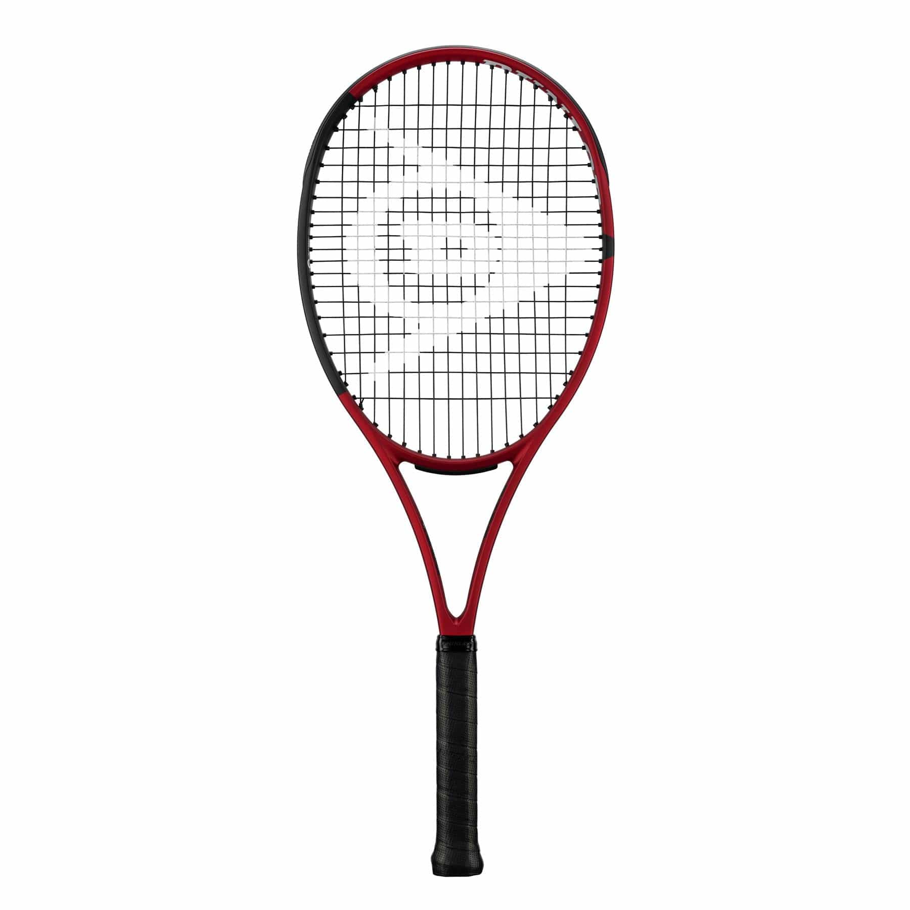 The Dunlop CX 200 Tennis Racket, predominantly red with stylish black sections, features a dark grip and boasts a sleek, modern design for precision. The white Dunlop logo adorns the strings, highlighting its lightweight and balanced construction to enhance power and spin.