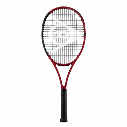 The Dunlop CX 200 Tennis Racket, predominantly red with stylish black sections, features a dark grip and boasts a sleek, modern design for precision. The white Dunlop logo adorns the strings, highlighting its lightweight and balanced construction to enhance power and spin.