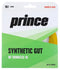 A package of Prince's synthetic tennis strings, named the Duraflex Gold String Set, gauge 16, is known for its durability and comfort. Housed in green and white packaging that emphasizes power and spin, it contains 40 feet (12.2 meters) of vibrant yellow synthetic gut strings inside.