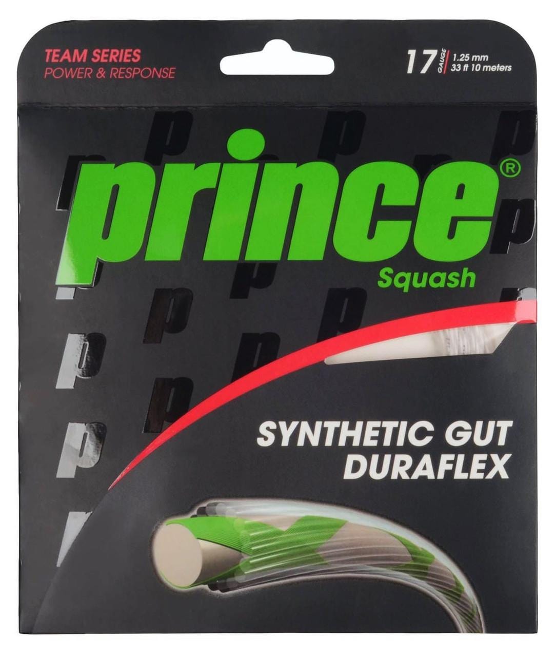 The packaging of the Prince Synthetic Gut Duraflex Black String Set highlights its emphasis on durability and comfort with the "Synthetic Gut Duraflex" text. The black design is adorned with a green Prince logo, accented by a red line, and showcases coiled strings at the bottom.