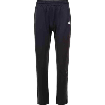 The FZ Forza Plymount women's pants in black feature an elastic waistband and the "FZ" logo on the upper left thigh. With a straightforward, straight-leg design, they are perfect for badminton or casual wear. Made with Dryforze technology, these pants offer comfort and style against a plain white background.