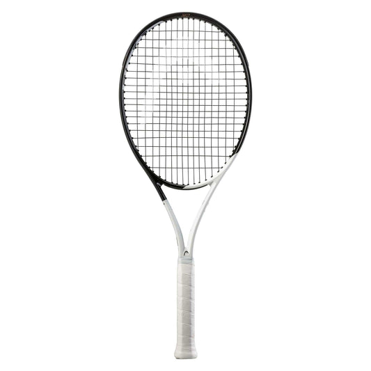 Showcasing an elegant design, the HEAD Speed MP L 2022 Tennis Racket - White / Black by HEAD features a striking frame in classic black and white with a white handle. Utilizing Graphene Inside technology, its auxetic constructions offer enhanced precision and power. Set against a minimalist white background, it's designed to elevate your game.