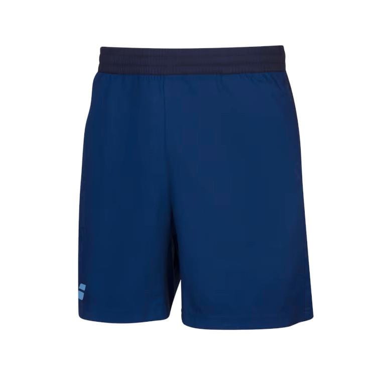 A pair of Babolat Play Men's Tennis Shorts in Estate Blue, showcasing an elastic waistband and 360 Motion design with a Fiberdry fabric logo on the left leg, is displayed against a plain white background.