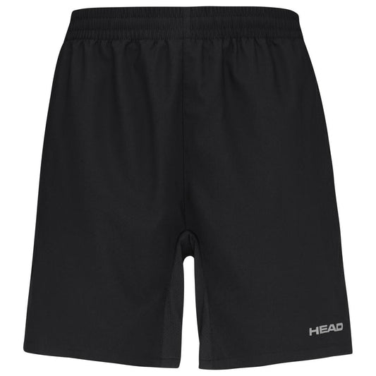 HEAD Club Men's Tennis Shorts in black, equipped with MXM Technology, feature an elastic waistband and a subtle logo on the lower left leg.