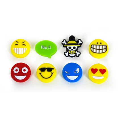 A selection of vibrant pins featuring smiley faces with diverse expressions, such as grinning, wearing sunglasses, heart eyes, and a speech bubble that says "Rip It.” One pin is reminiscent of a pirate with a skull and crossbones design, similar to the Karakal Fun Dampener - Red Face by Karakal.