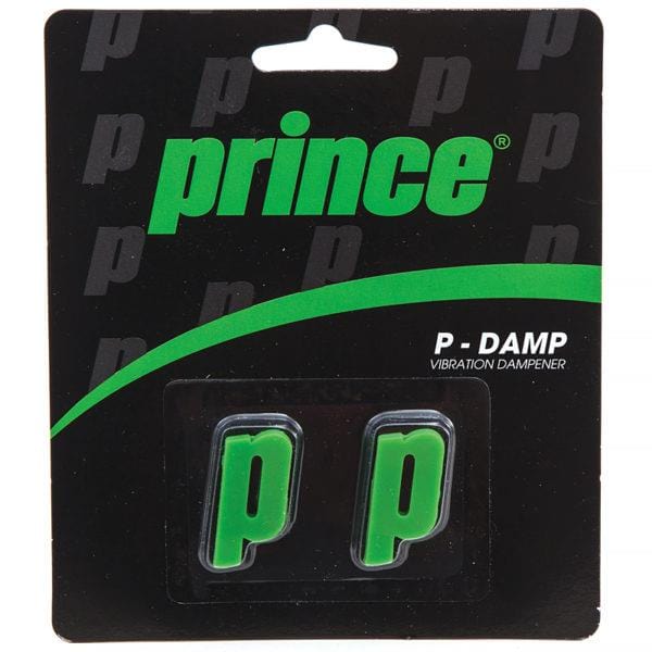 Packaging of the Prince P-Damp Vibration Dampener - Green, showcasing two green "p"-shaped dampeners against a black background with a repeating "p" pattern and the green "Prince" logo at the top. Designed to reduce string vibration and enhance comfort during play.