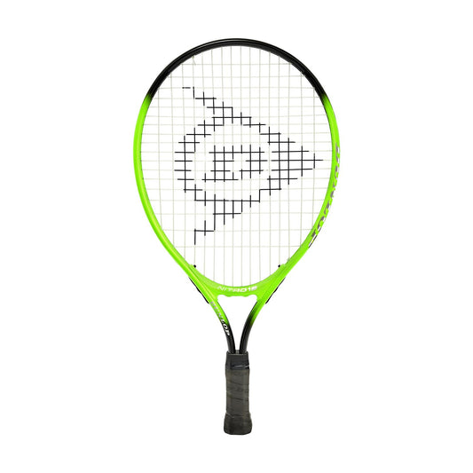 The Dunlop Nitro Junior 19 Tennis Racket in green and black features a distinct logo at its center, with a bright green color scheme and black handle and strings. The aluminum frame showcases the Dunlop brand markings in white, as it stands upright against a plain white background.