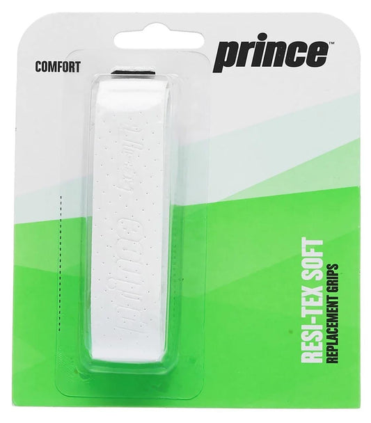 The packaging of the Prince ResiTex Soft Replacement Tennis Grip - White, with its calming green and white design, emphasizes its cushioned comfort and moisture absorption features. The grip is enclosed in a clear plastic case, offering an upgrade to your game with unmatched softness.