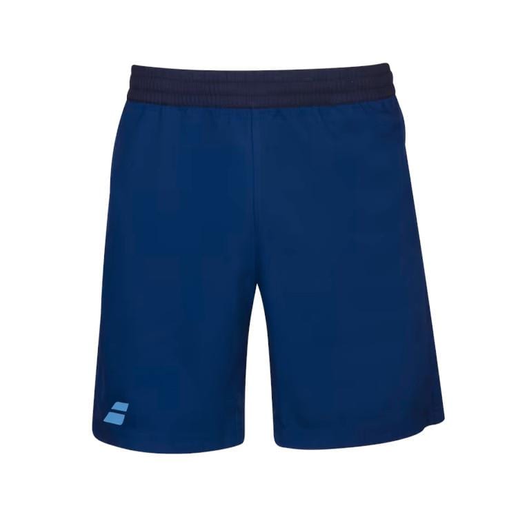 A pair of Babolat Play Men's Tennis Shorts in Estate Blue, distinguished by a black elastic waistband and a subtle white logo on one leg. Made from Fiberdry fabric, these lightweight shorts incorporate a 360 Motion design, providing optimal comfort for both sports and casual activities. The background is plain white.