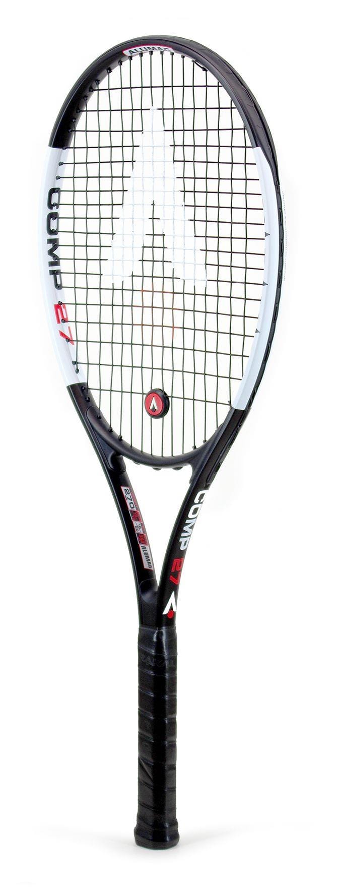 The Karakal Comp 27 Tennis Racket in black and white is designed with a grid pattern on the strings and features branded logos on the frame, made from durable 7050 Alumag Alloy. The handle is wrapped in black grip tape, making it an excellent choice for beginner-level players who value style and comfort.