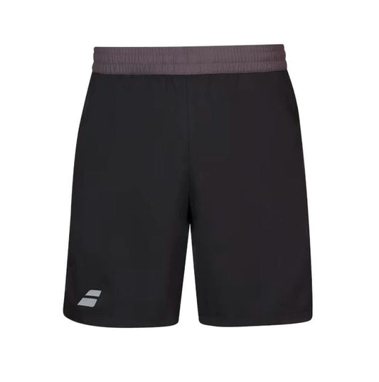 The Babolat Play Men's Tennis Shorts in black, branded by Babolat, feature a gray elastic waistband and a small white logo on the lower left side. These shorts are designed for simplicity and functionality, incorporating Fiberdry material to enhance 360 Motion for optimal movement on the court.