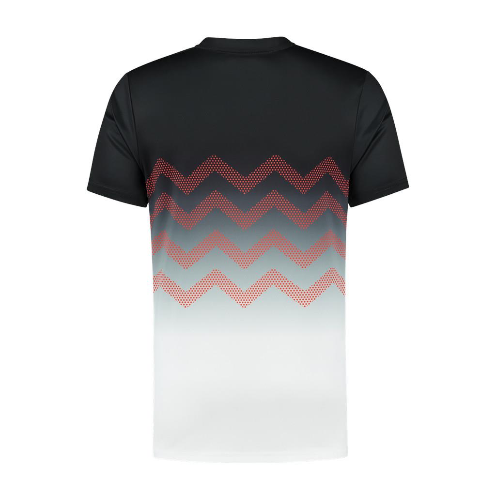 A K-Swiss Hypercourt Print Crew 2 Men's T-Shirt in Black and White, featuring a dark upper segment that blends into a white lower part. Ideal for tennis enthusiasts, the middle showcases an eye-catching red and white zigzag design. This performance apparel is displayed from the back.