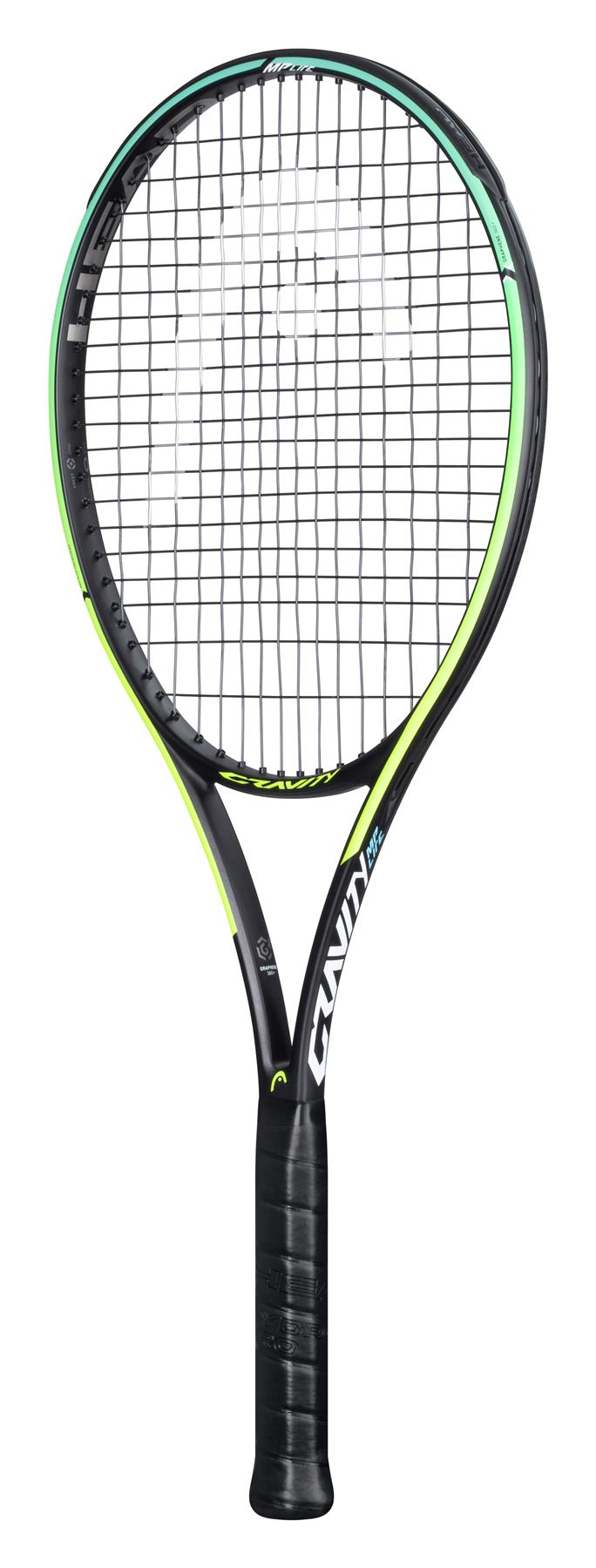 The HEAD Gravity MP L 2021 tennis racket, available in a stylish black and yellow design, is equipped with Graphene 360+ technology to enhance performance. It showcases a grid string pattern and "Gravity" in white on the frame. The Sweet Zone guarantees optimal play, while the black grip tape provides secure handling.