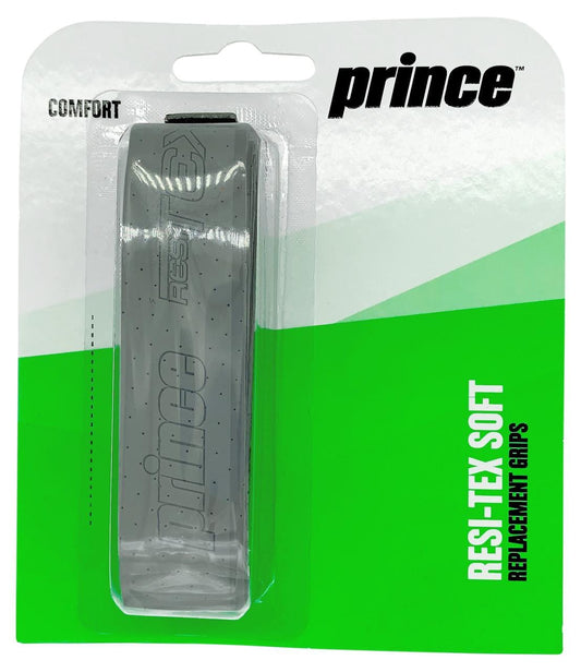 The Prince ResiTex Soft Replacement Tennis Grip in grey features packaging that prominently displays the words "Comfort" and "Resi-Tex Soft." Tailored for tennis enthusiasts, this grip excels in moisture absorption and provides a secure, non-slip hold. The packaging is transparent plastic with an attractive white and green design, showcasing the renowned Prince brand.