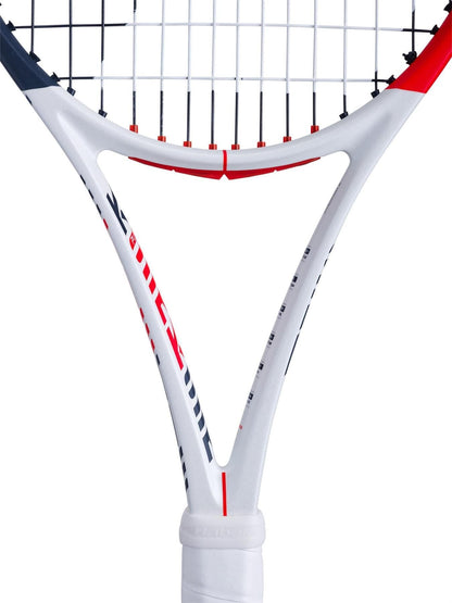 Close-up of a Babolat Pure Strike 103 Tennis Racket - White / Red / Black (Strung), highlighting its Control Frame Technology. The focus is on the strings and the upper section of the sleekly designed frame in white, red, and black. The "Babolat" brand name is partially visible on the handle, reflecting a clean, modern design.