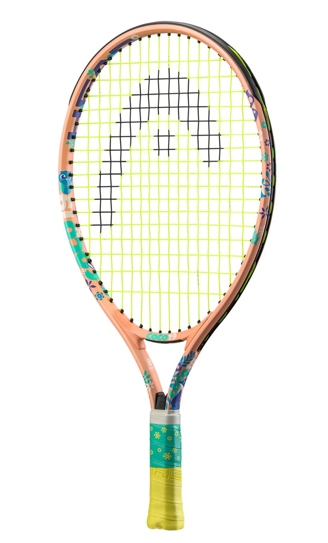 The HEAD Coco 19 Junior Tennis Racket - Pink is an energetic option for budding players, showcasing a pink frame with yellow strings and teal accents to provide both style and performance. It includes a damp+ insert for enhanced comfort, while the grip tape features floral designs that capture Coco Gauff's lively spirit.