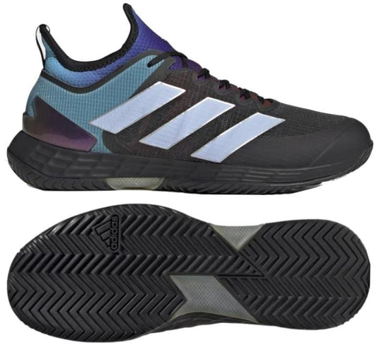 The adidas Adizero Ubersonic 4 Men's Tennis Shoes - HEAT RDY Core Black showcase a bold black design with a captivating blue and purple gradient on the heel, complemented by silver stripes along the sides. The black sole features a zigzag pattern for optimal traction, and the use of recycled materials enhances their sustainable performance.