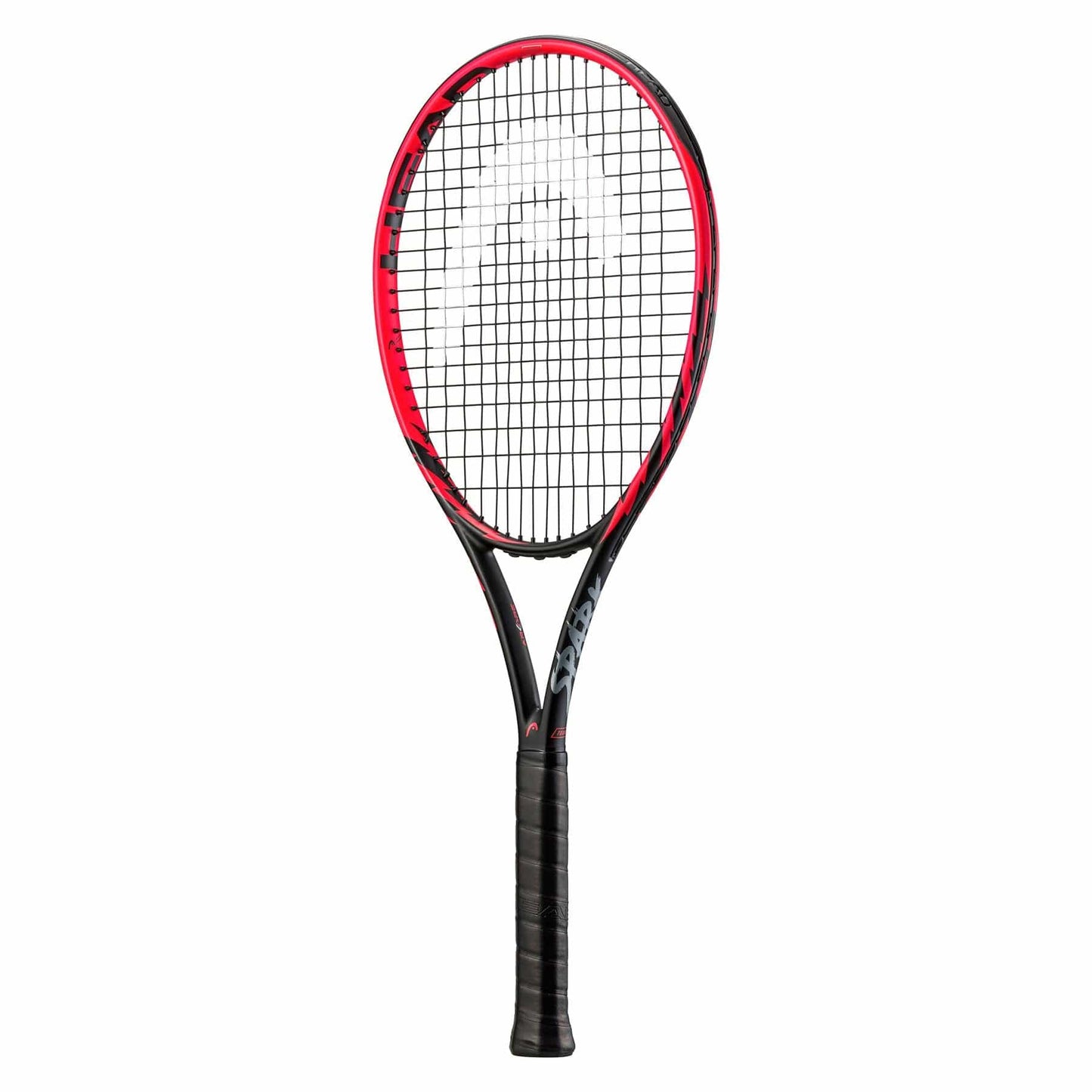 The HEAD MX Spark Tour Tennis Racket - Red combines a stylish black and red frame with grid-like strings, enhancing its modern design with a slightly rounded head. Equipped with ARCORE Technology for precision, this high-performance racket is completed by a sleek black grip handle.