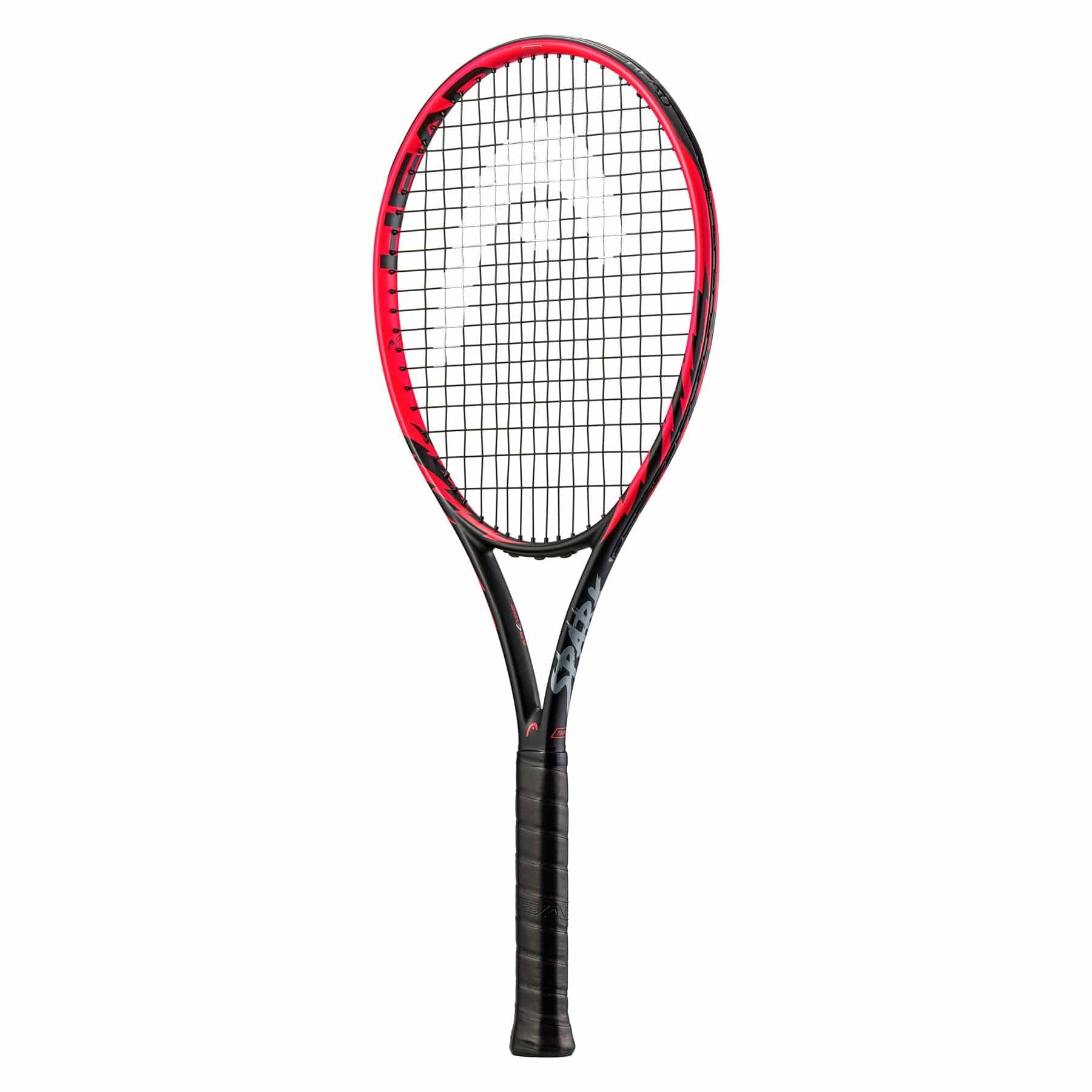 The HEAD MX Spark Tour Tennis Racket - Red combines a stylish black and red frame with grid-like strings, enhancing its modern design with a slightly rounded head. Equipped with ARCORE Technology for precision, this high-performance racket is completed by a sleek black grip handle.