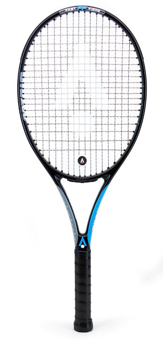 The image features a Karakal Graphite Lite 260 Tennis Racket in black and blue, highlighting its sleek frame and black grip. The precision grid of strings is centered by a logo, showcasing Karakal's Fast Fibre Nano Graphite Gel technology for a remarkably lightweight playing experience.