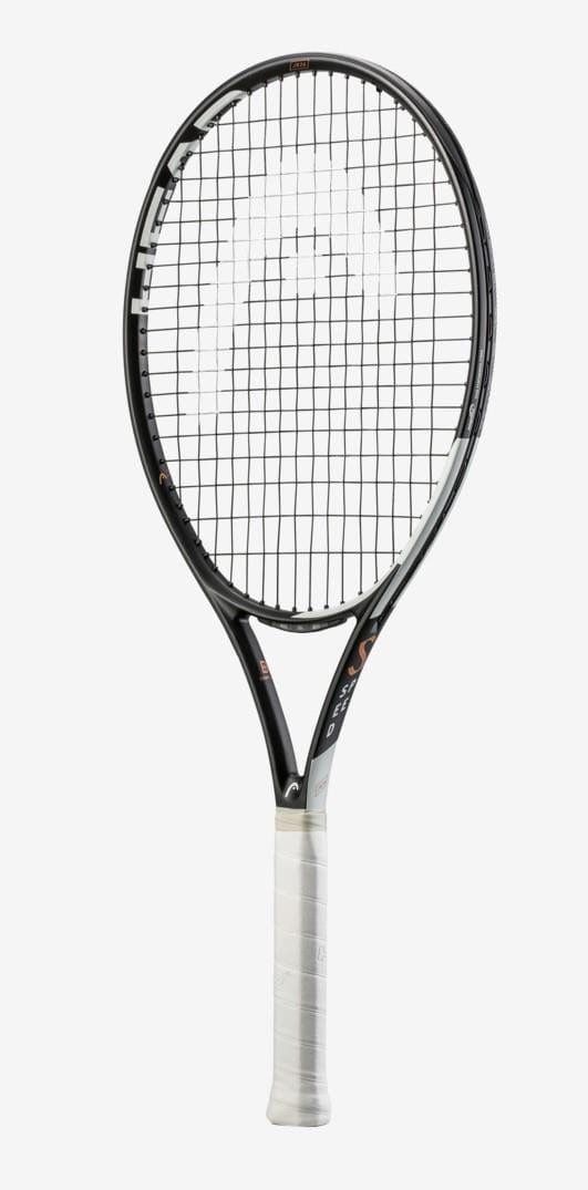 The HEAD IG Speed Junior 26 Tennis Racket - White / Black is shown against a plain white background, showcasing its black and white design with a white grip, mesh stringing pattern, and graphite composite construction.