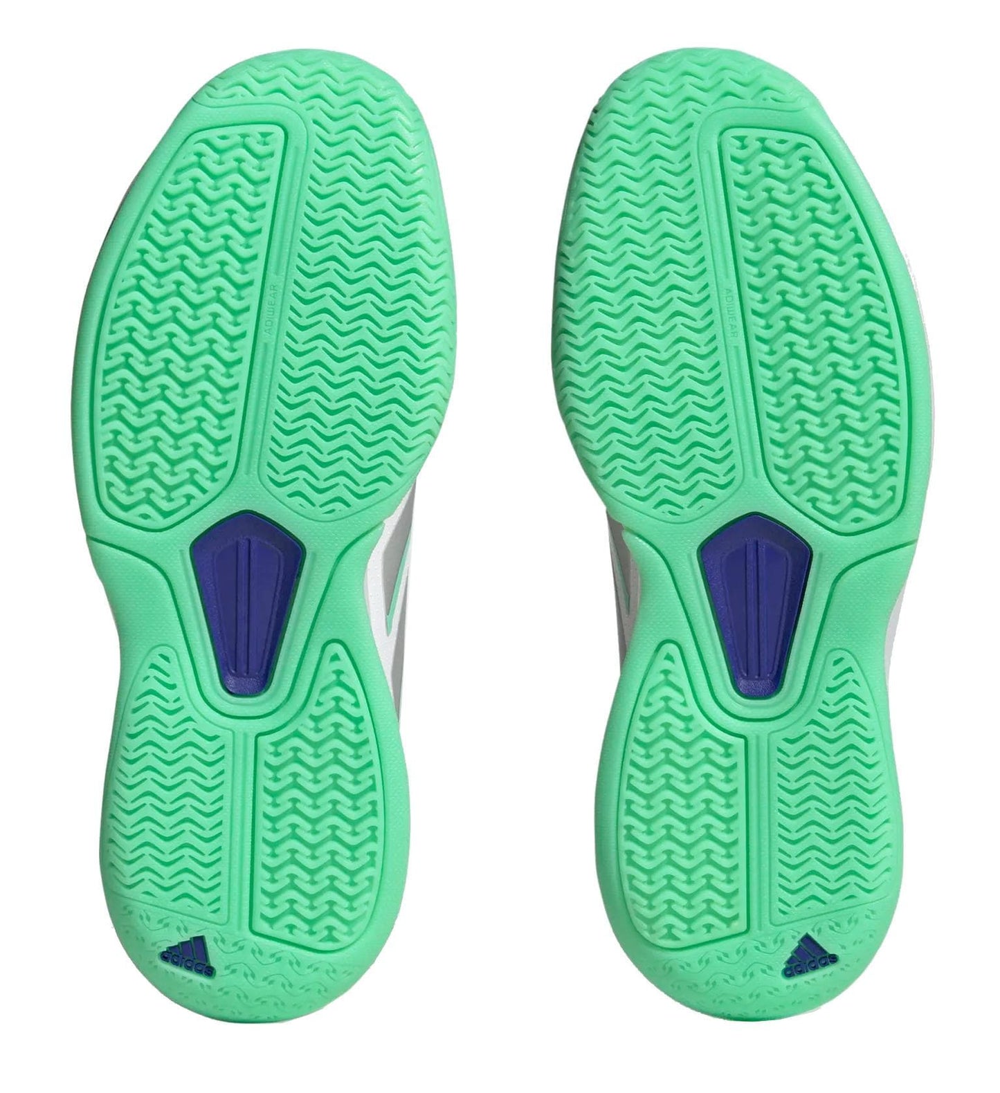 The image displays the soles of adidas AvaFlash Low Women's Tennis Shoes in Cloud White/Pulse Mint, highlighting the bright green soles with detailed tread patterns and blue accents. These shoes feature an Adiwear outsole which enhances their non-slip properties.